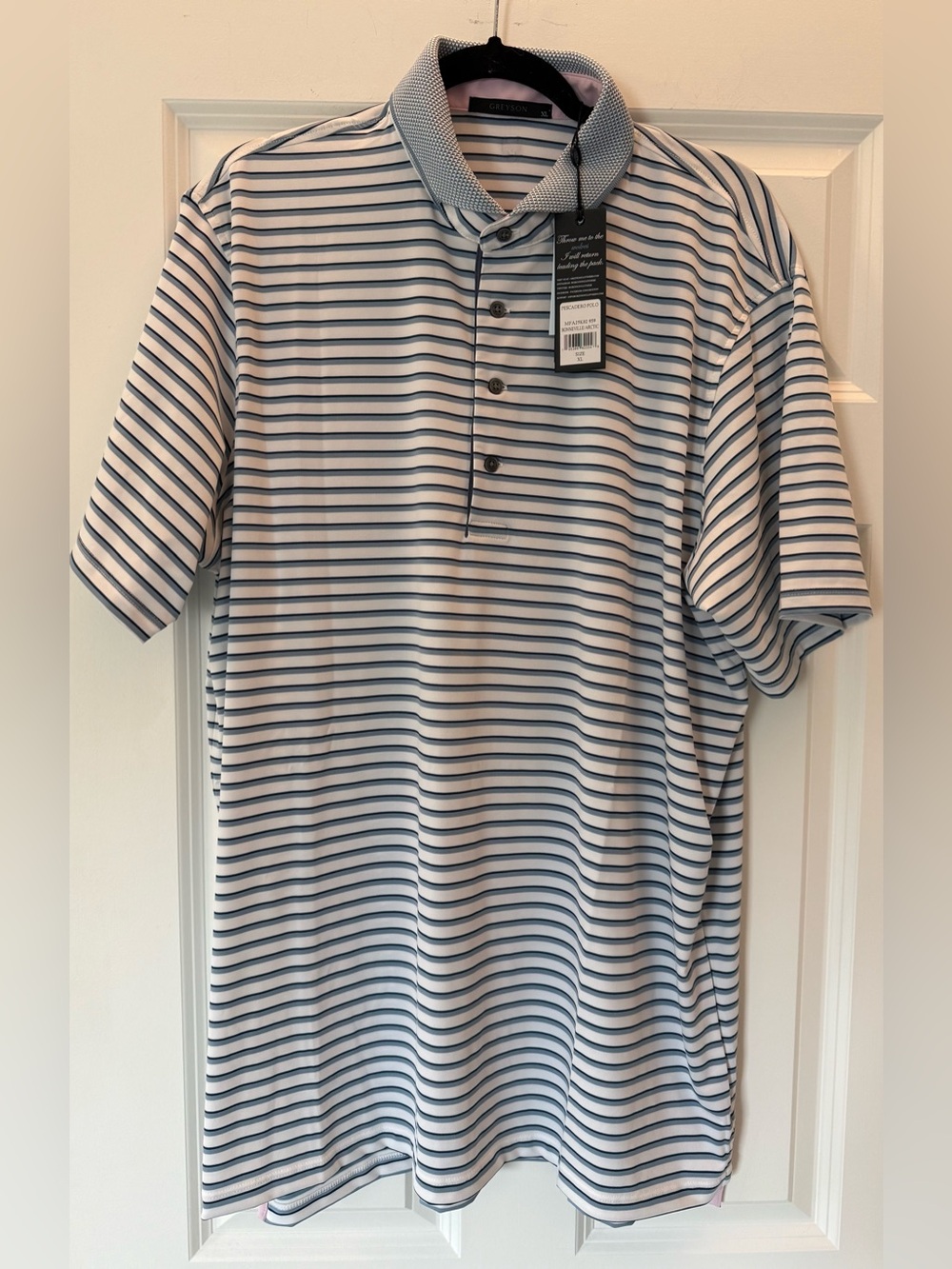Greyson Men’s White and Navy Horizontal Stripe Polo